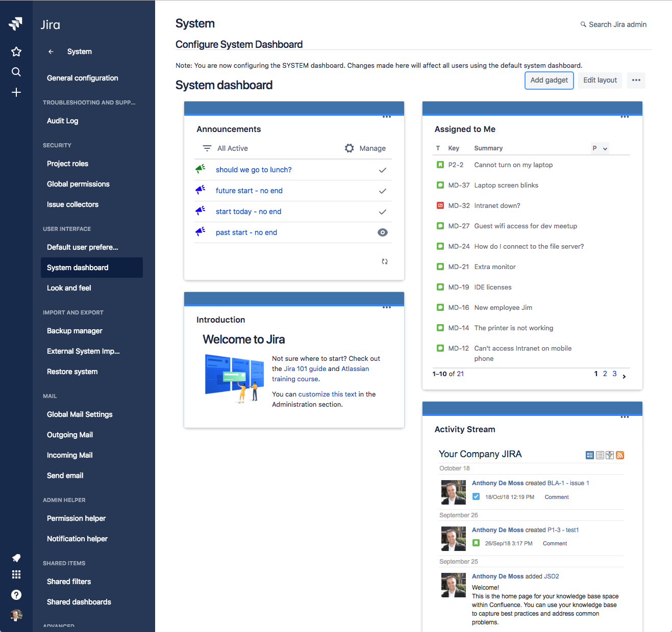 System Dashboard - Jira